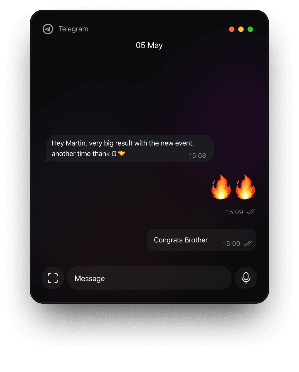 Telegram conversation: agency owner after switching to the 3+ messages event.