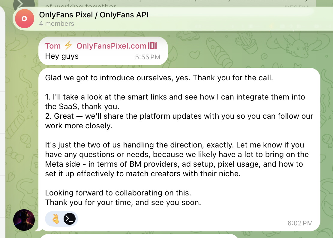 Telegram conversation with Tom — After the call.