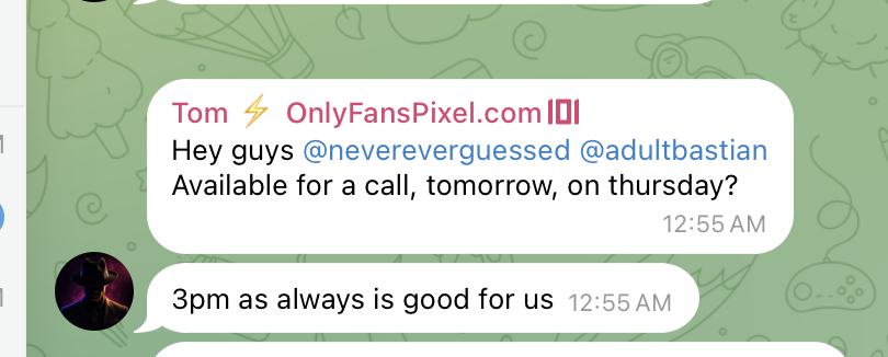 Telegram conversation with Tom — "3pm as always."