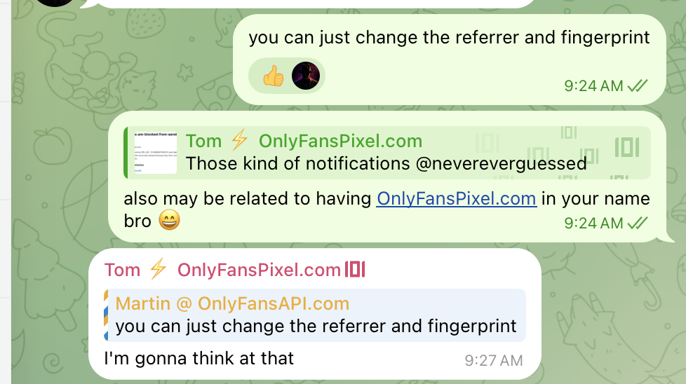 Telegram conversation with Tom — Domain warnings.