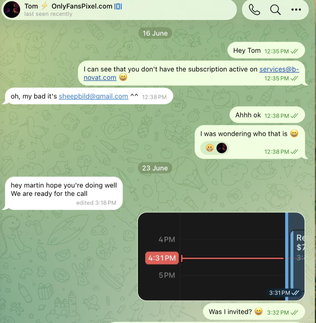 Telegram conversation with Tom — 16 June.