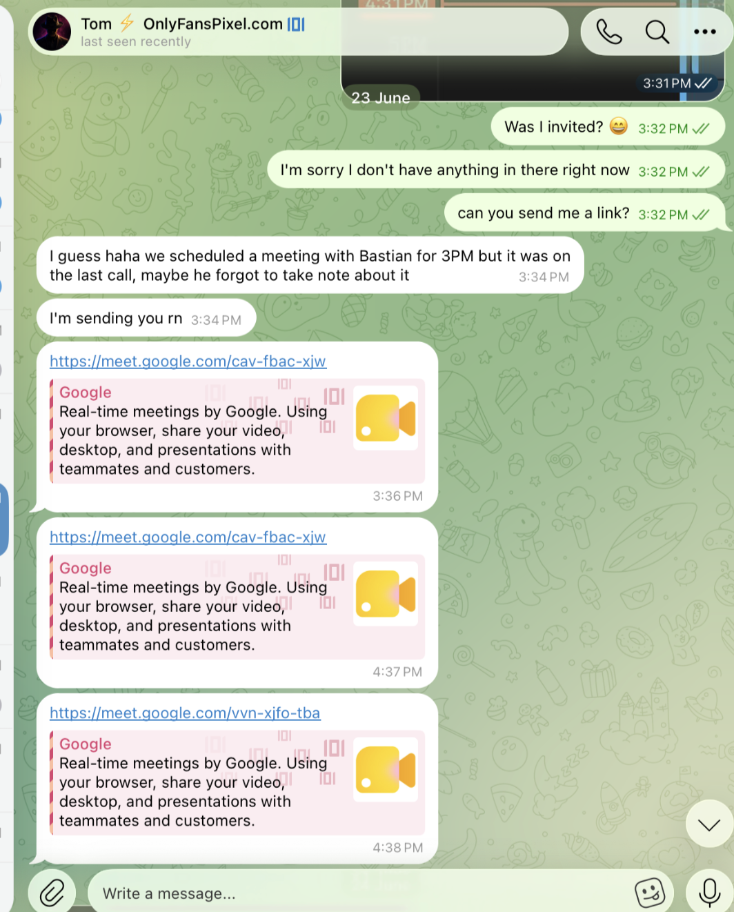 Telegram conversation with Tom — 23 June.