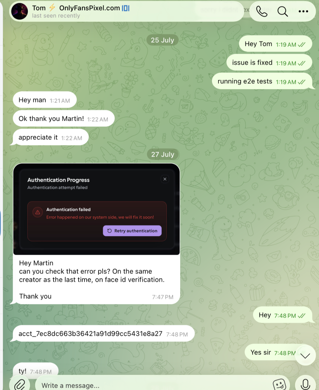 Telegram conversation with Tom — 25 and 27 July.